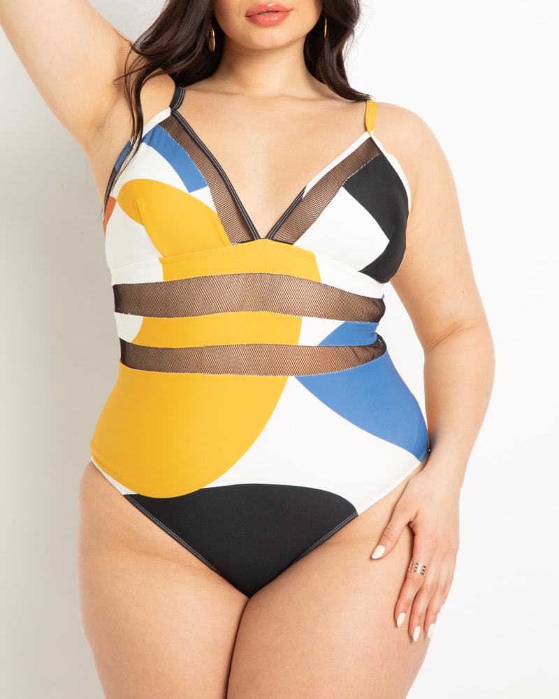 Front of a model wearing a size 22 Mesh Detail Swimsuit in All About The Block by ELOQUII. | dia_product_style_image_id:272956